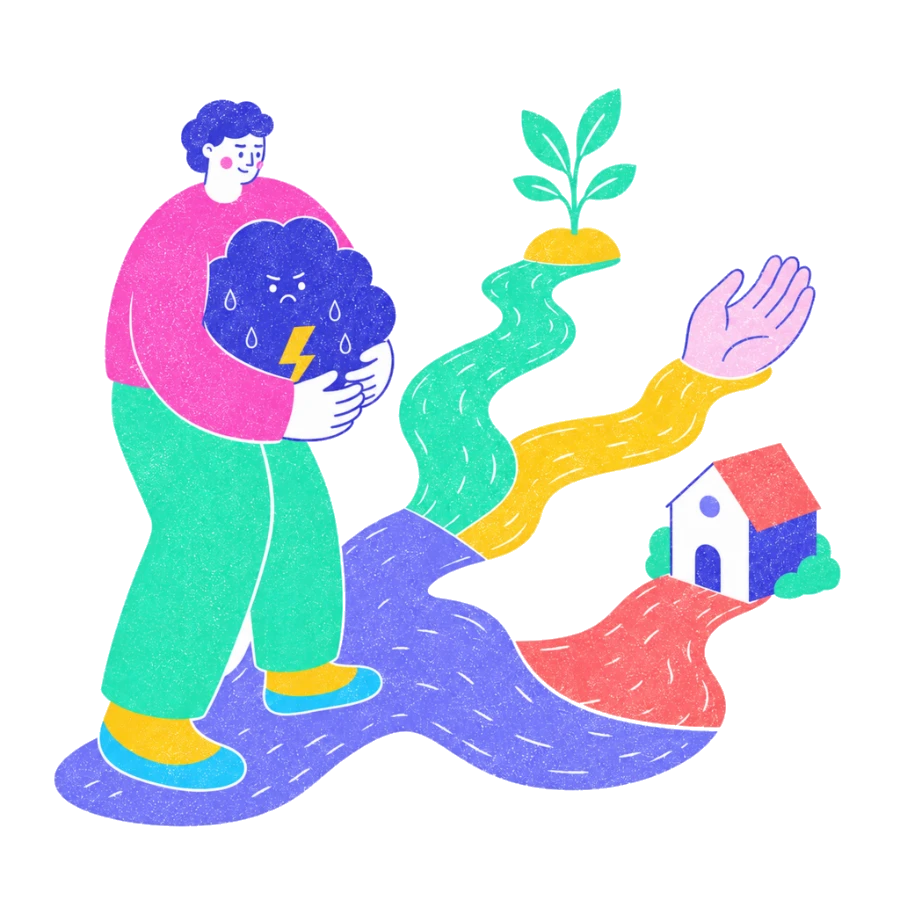 Fenweh: a person carrying a storm cloud while walking a path towards a home and a growing plant, illustrating values-led action in ACT