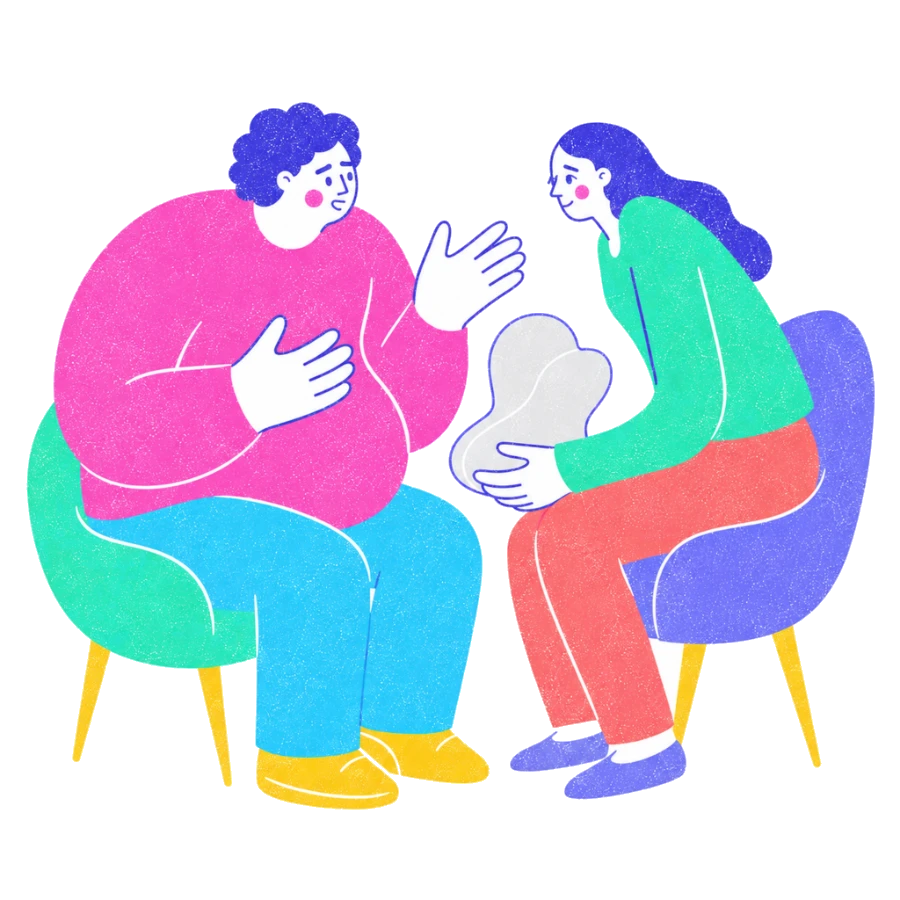 Fenweh: a therapist leaning in with an open hand while a client speaks, illustrating active listening and validation