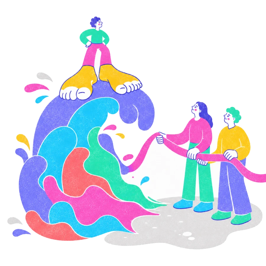 Fenweh: a person surfing the crest of a large wave while two others hold a line, illustrating riding out a craving in recovery