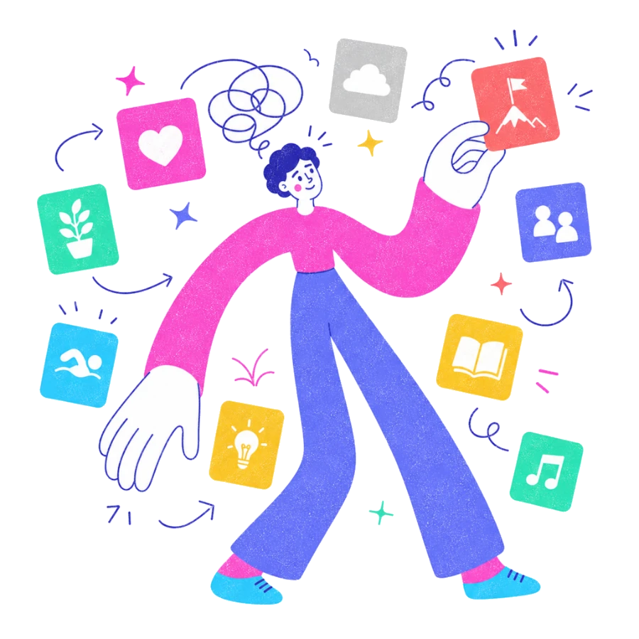 Fenweh: a person moving among floating task tiles and arrows, illustrating ADHD attention and task navigation