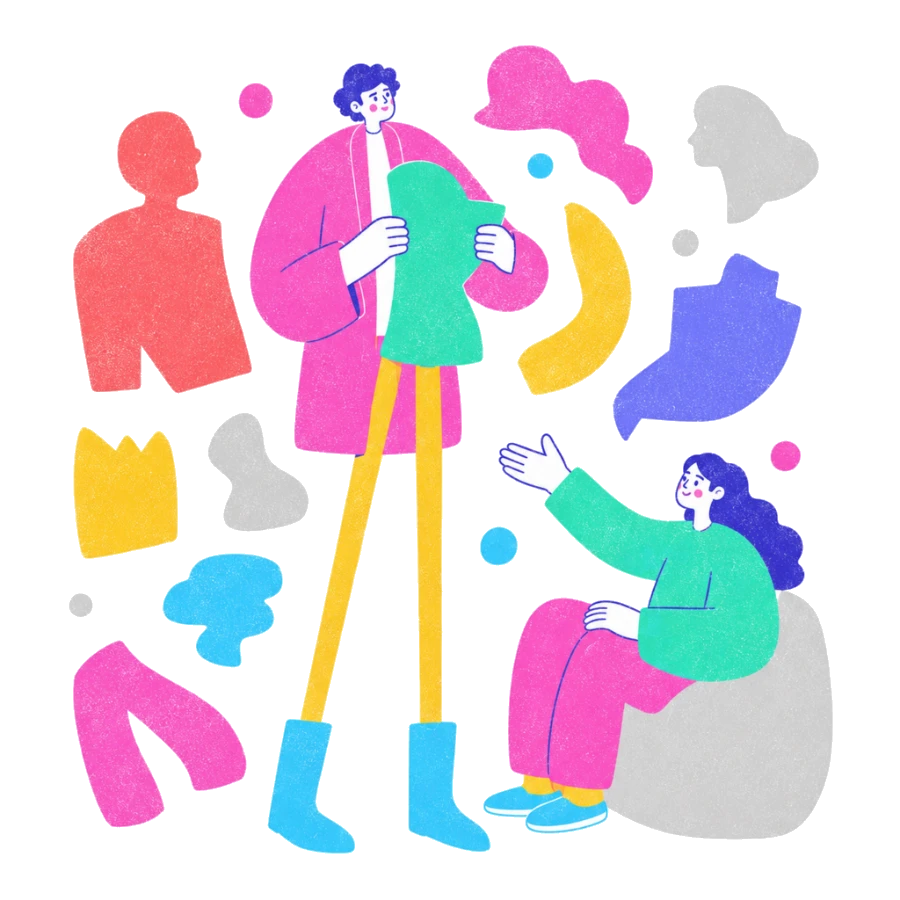 Fenweh: a young person trying on different shapes and silhouettes, illustrating adolescent identity exploration