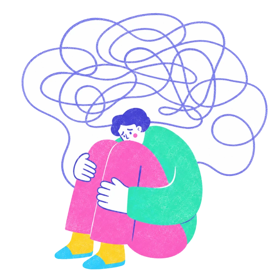 Fenweh: a person hugging their knees beneath a tangle of looping thoughts, illustrating anxiety and rumination