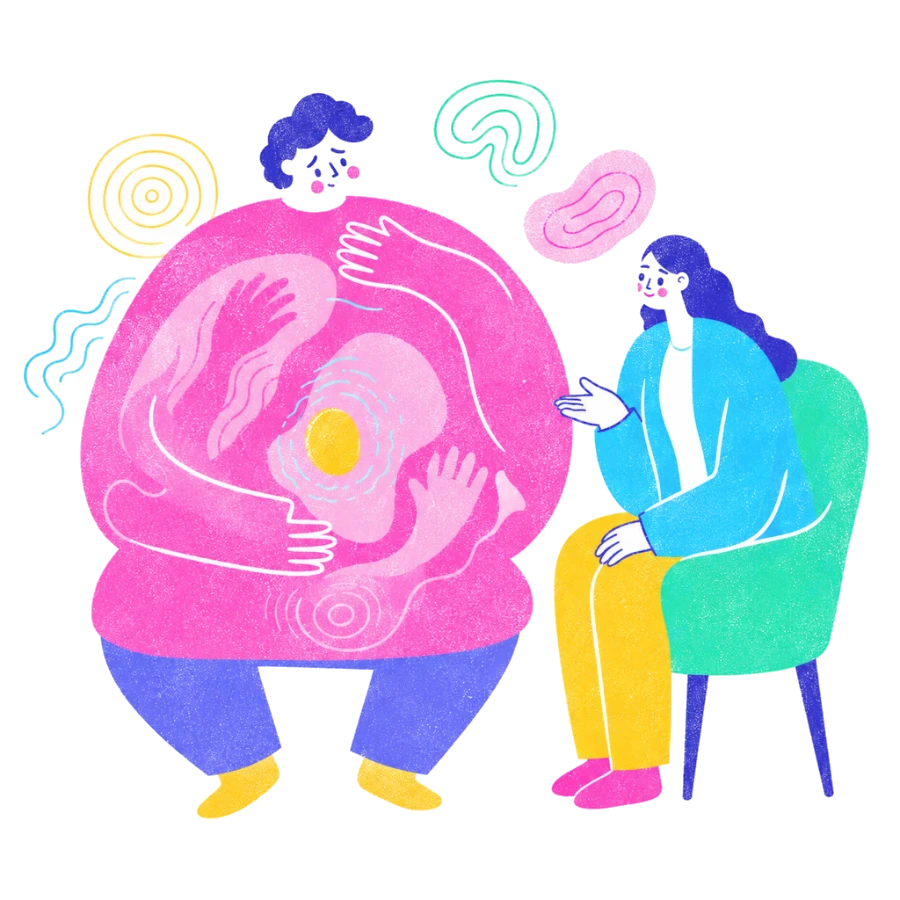Fenweh: a client with glowing sensation mapped across the body while a therapist listens, illustrating how the body holds trauma