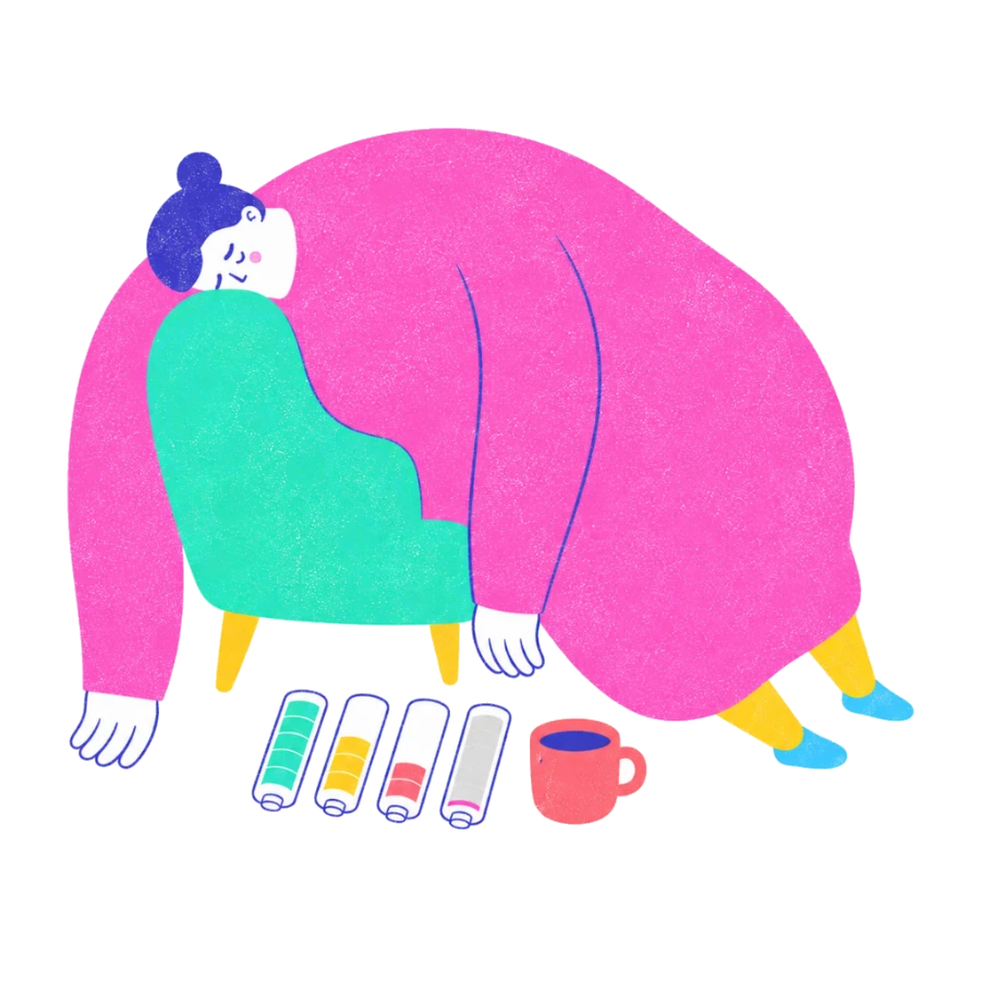 Fenweh: a person resting in an armchair beside draining batteries and a mug, illustrating burnout and rest