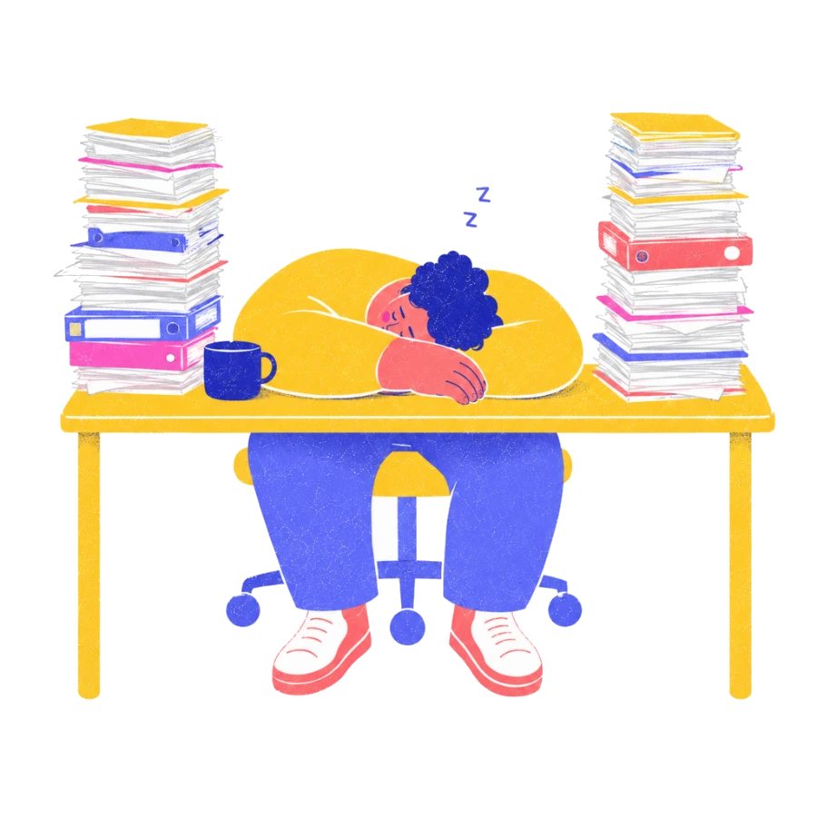 Fenweh: a person asleep at a desk between two tall stacks of paper, illustrating depletion and running past the point of rest