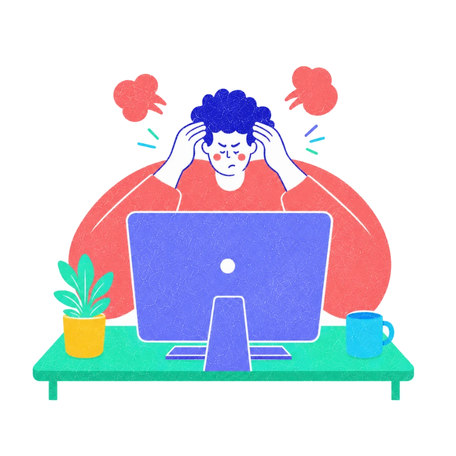 Fenweh: a person gripping their head in front of a monitor with steam puffs either side, illustrating frustration at work