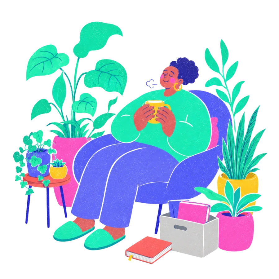 Fenweh: a person resting in an armchair with a warm drink among houseplants and a packed box, illustrating recovery and putting the work down on purpose