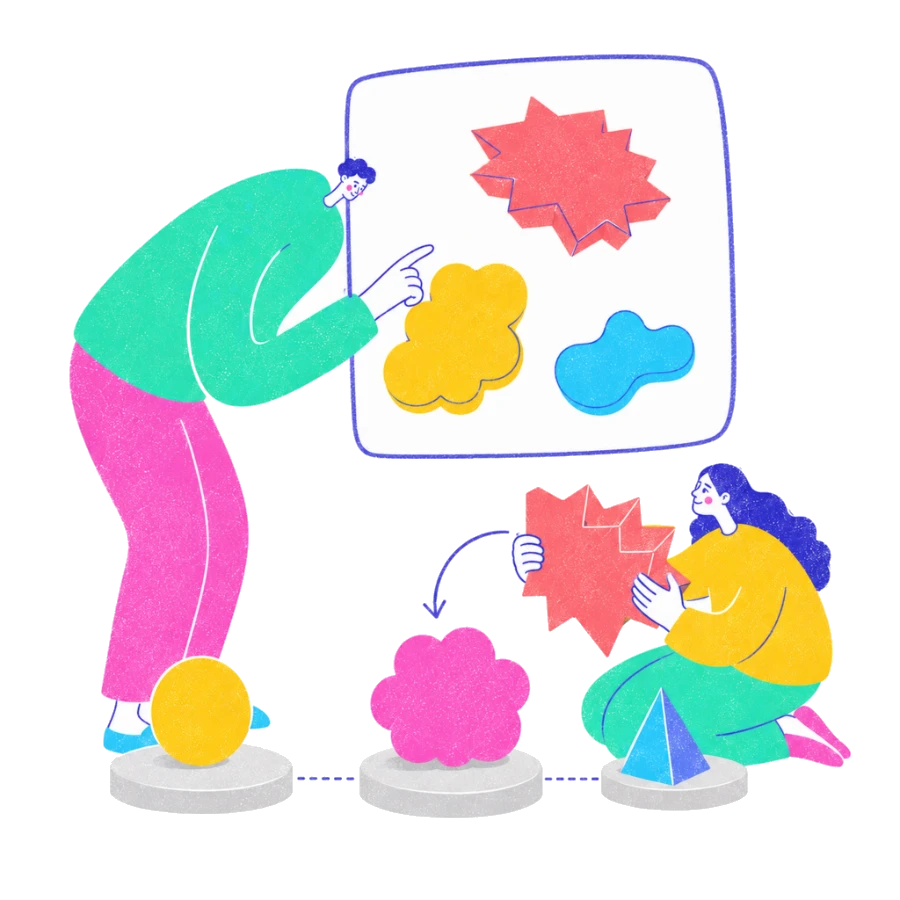 Fenweh: two people reshaping a spiky red shape into a softer form, illustrating cognitive reframing in CBT