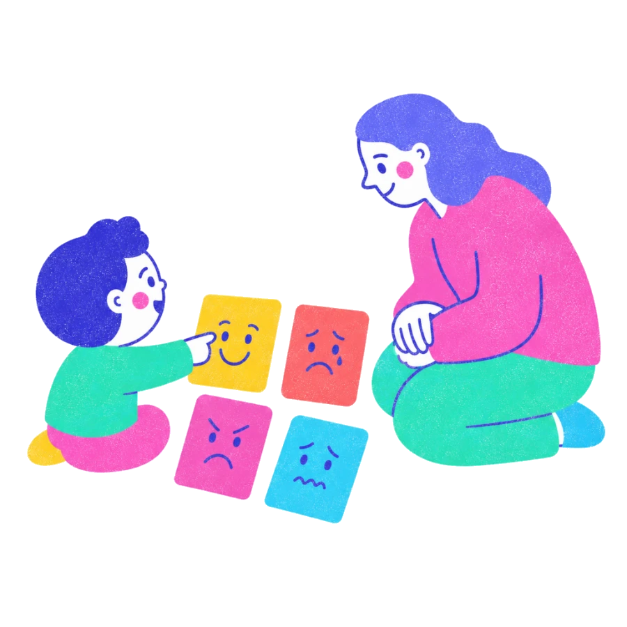 Fenweh: a child pointing at feeling cards while an adult kneels beside them, illustrating a child learning to name emotions