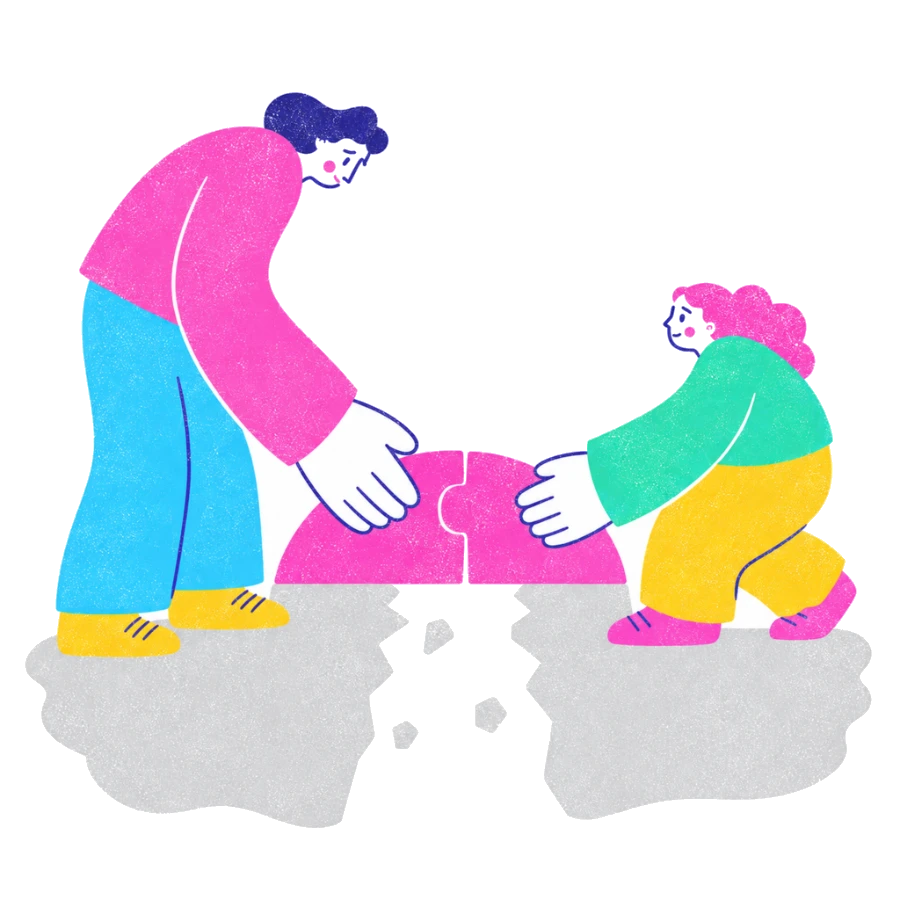 Fenweh: two people joining puzzle pieces across a gap in the ground, illustrating repair after conflict