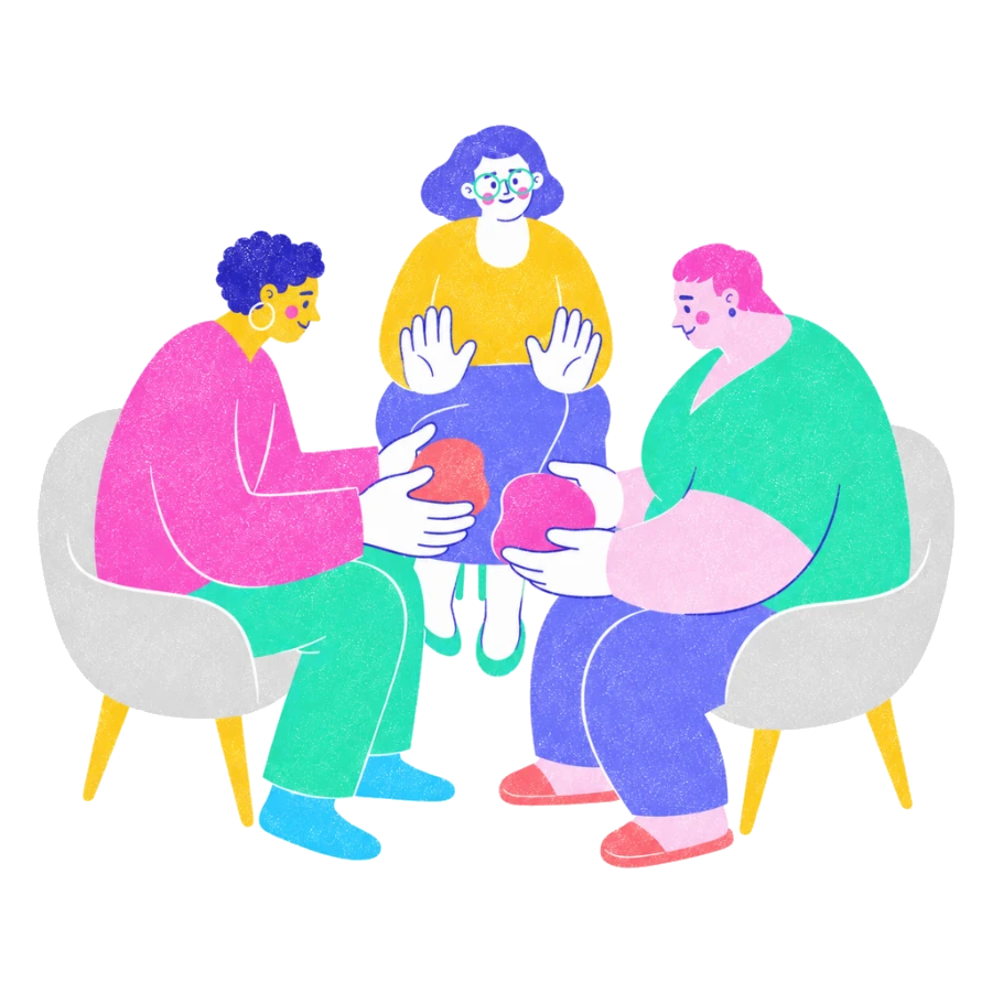 Fenweh: two partners passing shapes to one another while a therapist holds the space, illustrating couples communication