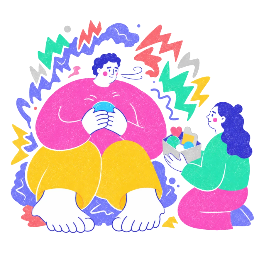 Fenweh: a person holding a cool stone inside a ring of jagged energy while a therapist offers a skills kit, illustrating distress tolerance