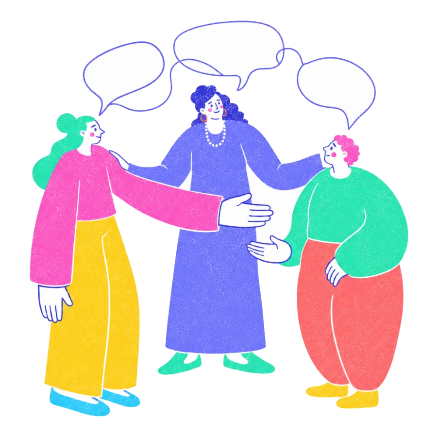 Fenweh: a person mediating between two others with an open hand to each, illustrating interpersonal effectiveness