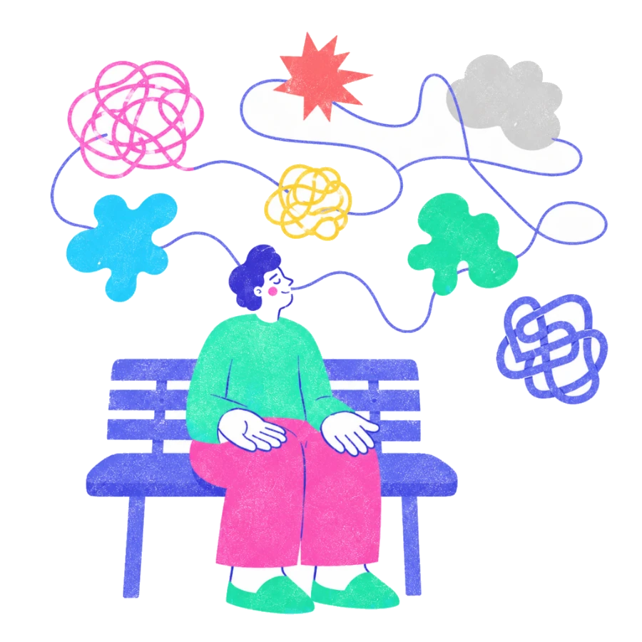 Fenweh: a person on a bench watching tangled thought-shapes drift by on a thread, illustrating defusion from intrusive thoughts
