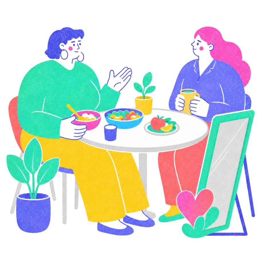 Fenweh: two people sharing a meal beside a mirror with a heart, illustrating body neutrality and eating support