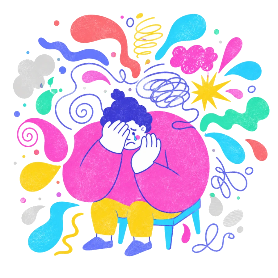 Fenweh: a person seated with their head in their hands surrounded by chaotic shapes, illustrating emotional overwhelm