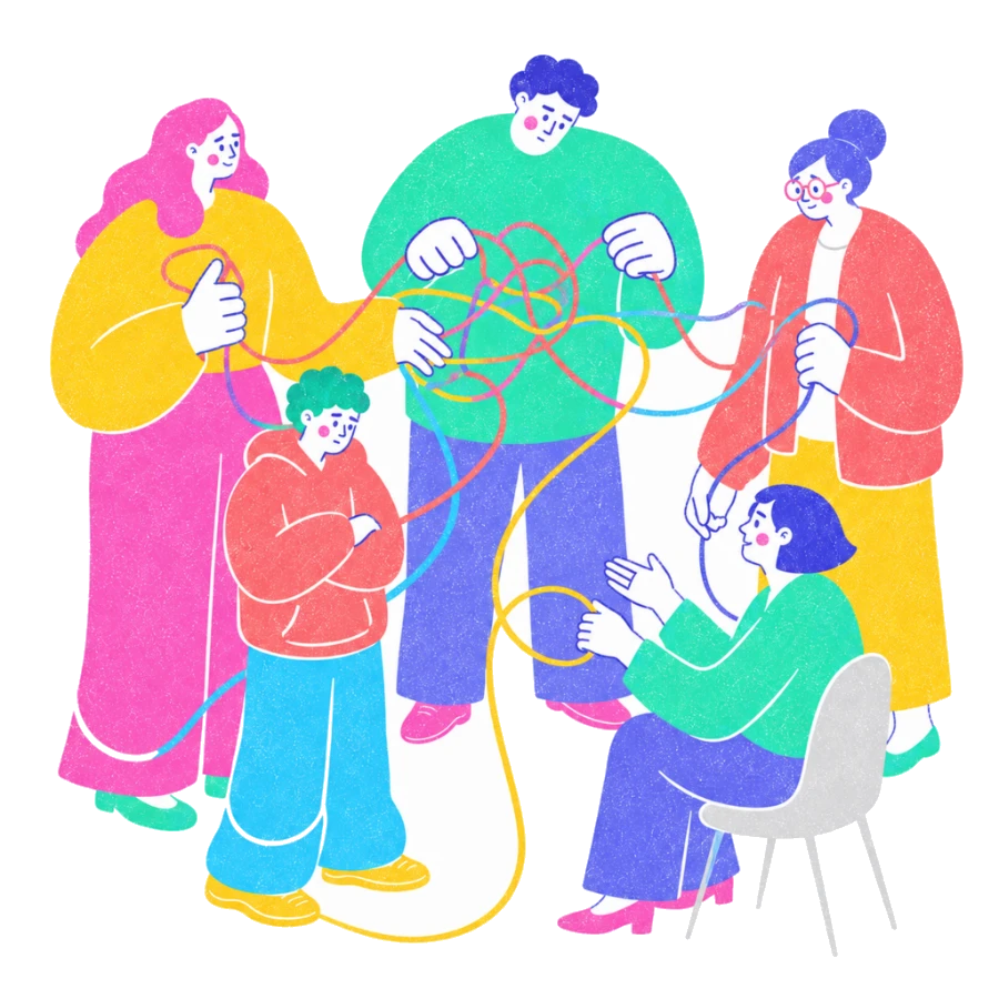 Fenweh: a family holding tangled coloured threads as a therapist helps untangle them, illustrating family systems patterns