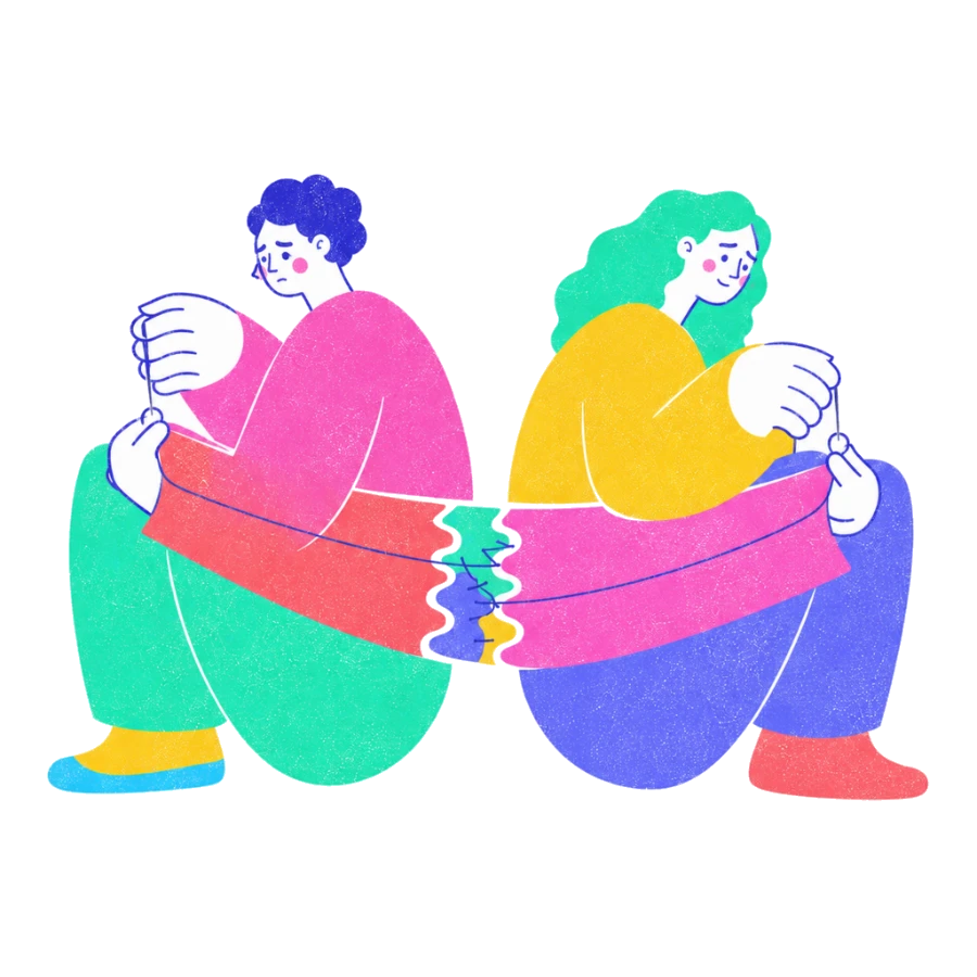 Fenweh: two friends sitting back to back stitching a torn scarf together, illustrating repair after a friendship rupture