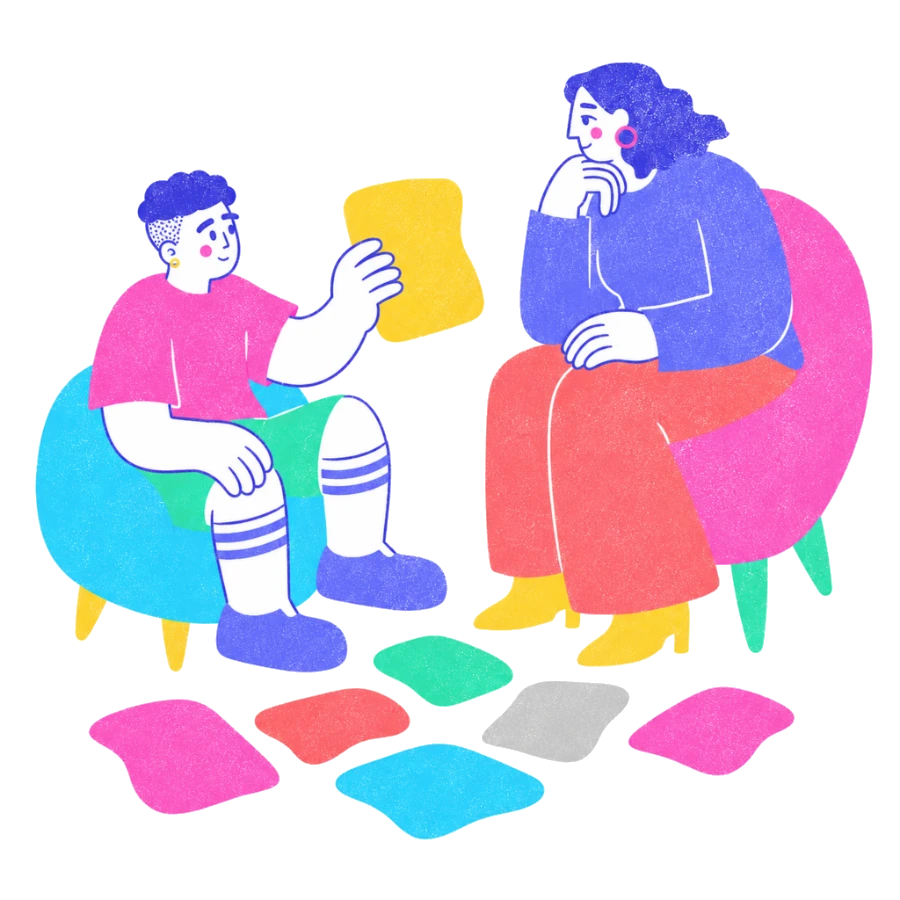 Fenweh: a person trying on a shape that fits while another cheers them on, illustrating gender-affirming therapy