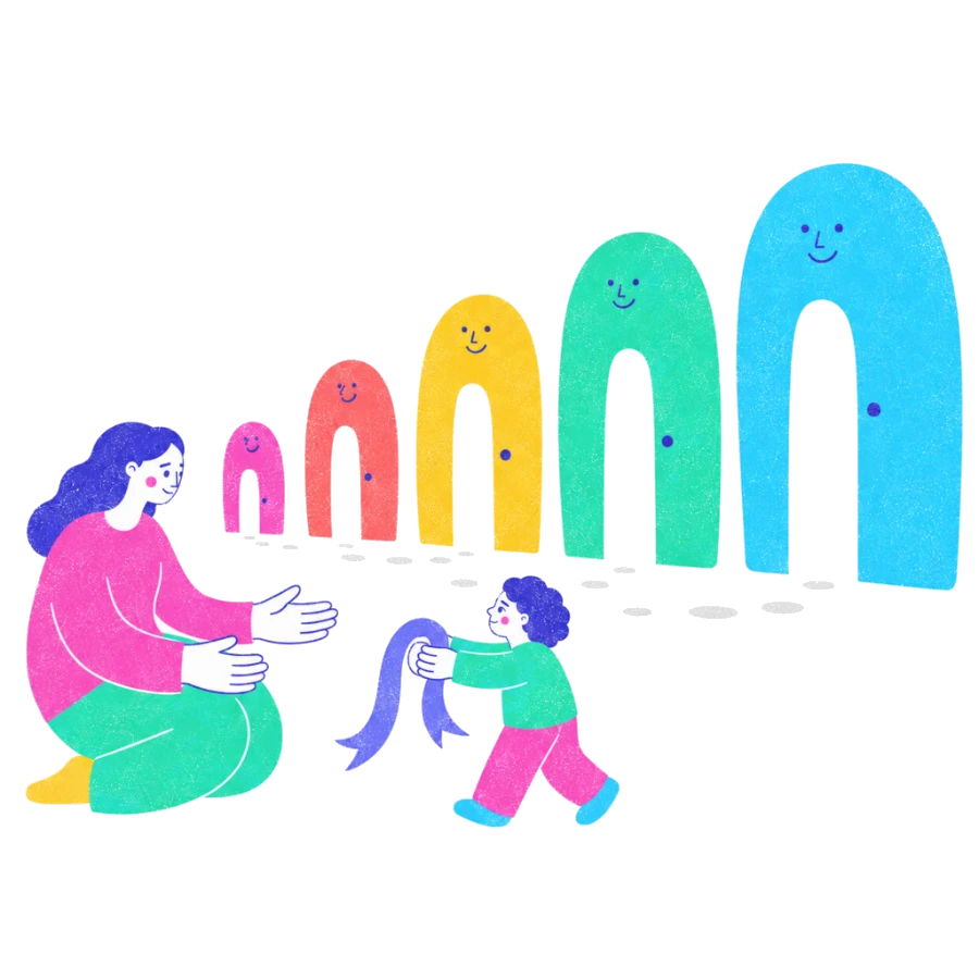 Fenweh: a child walking towards a row of increasingly tall friendly arches, illustrating graded exposure