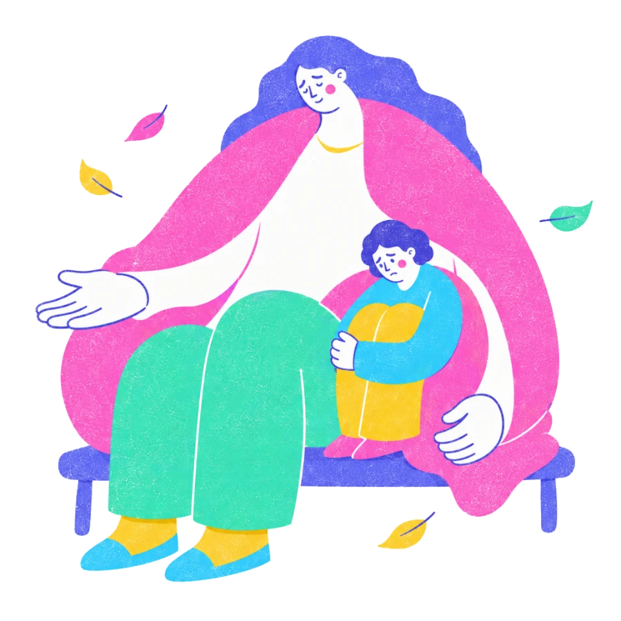 Fenweh: one person sitting quietly beside another on a bench as leaves fall, illustrating companionship in grief