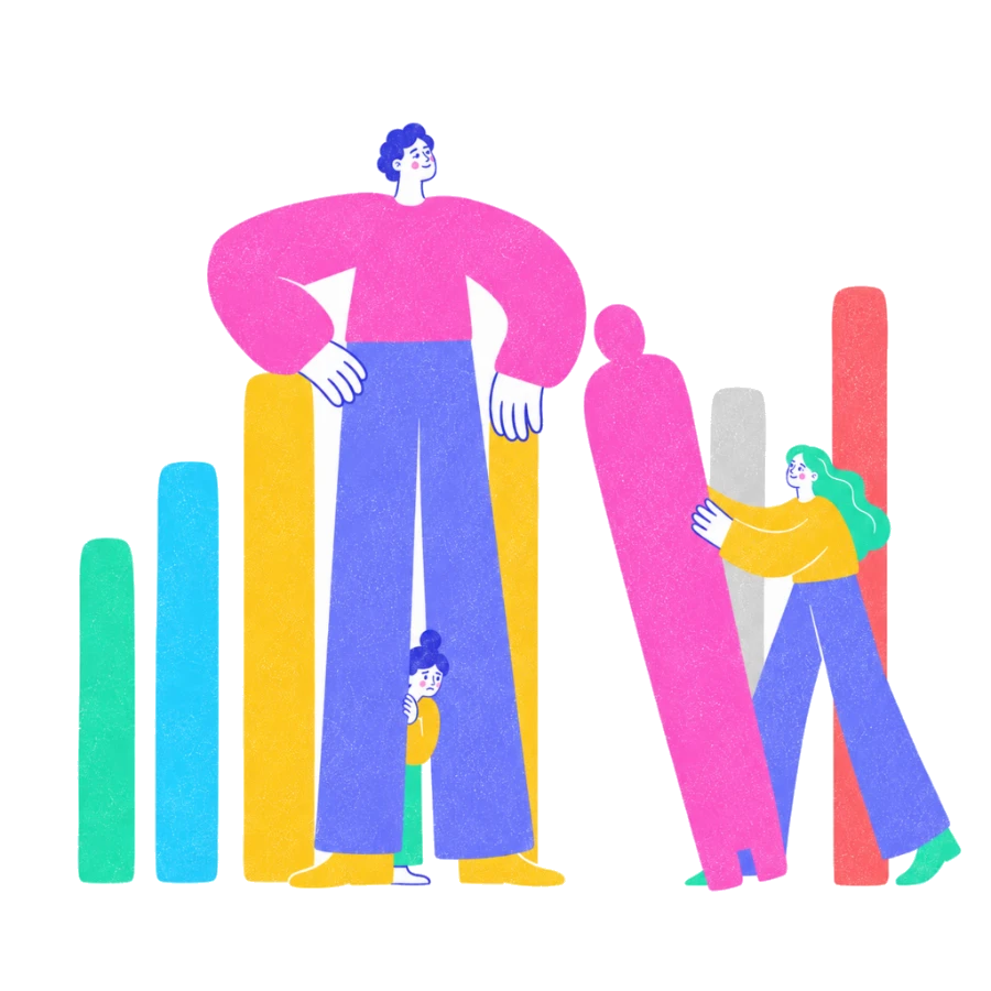 Fenweh: a small figure hiding behind a towering achievement chart, illustrating imposter syndrome and perfectionism