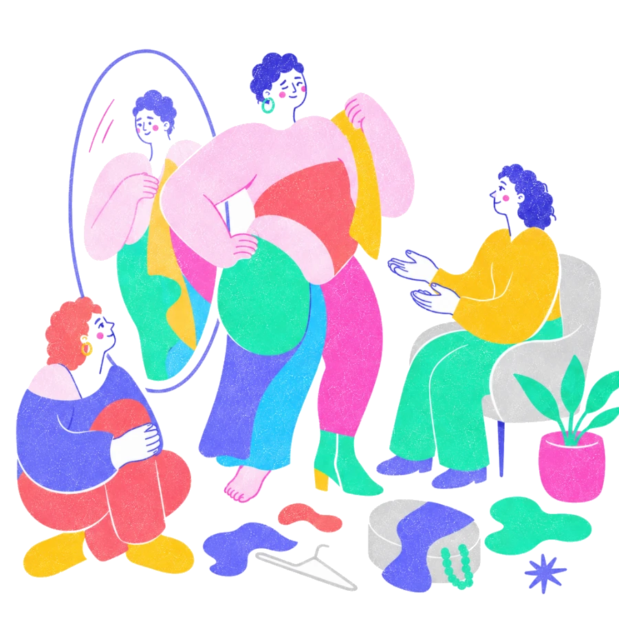Fenweh: a person trying on clothes at a mirror while friends and a therapist look on warmly, illustrating LGBTQIA+ affirmative care