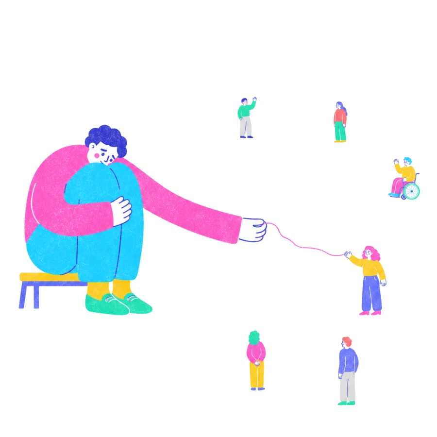 Fenweh: a person on a bench holding a thread that reaches a distant figure, illustrating loneliness and reaching out