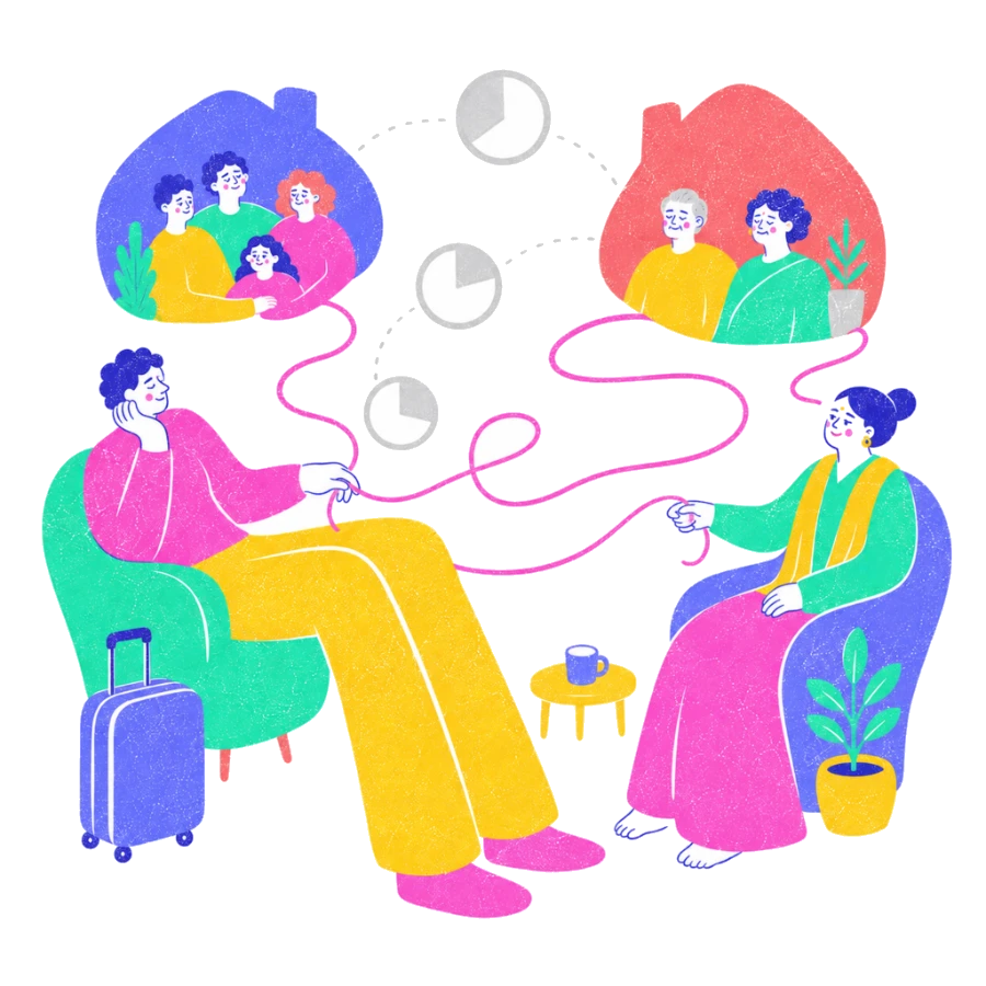 Fenweh: a client with a suitcase and a therapist holding a thread between a home abroad and parents in India, illustrating therapy for NRIs and the diaspora