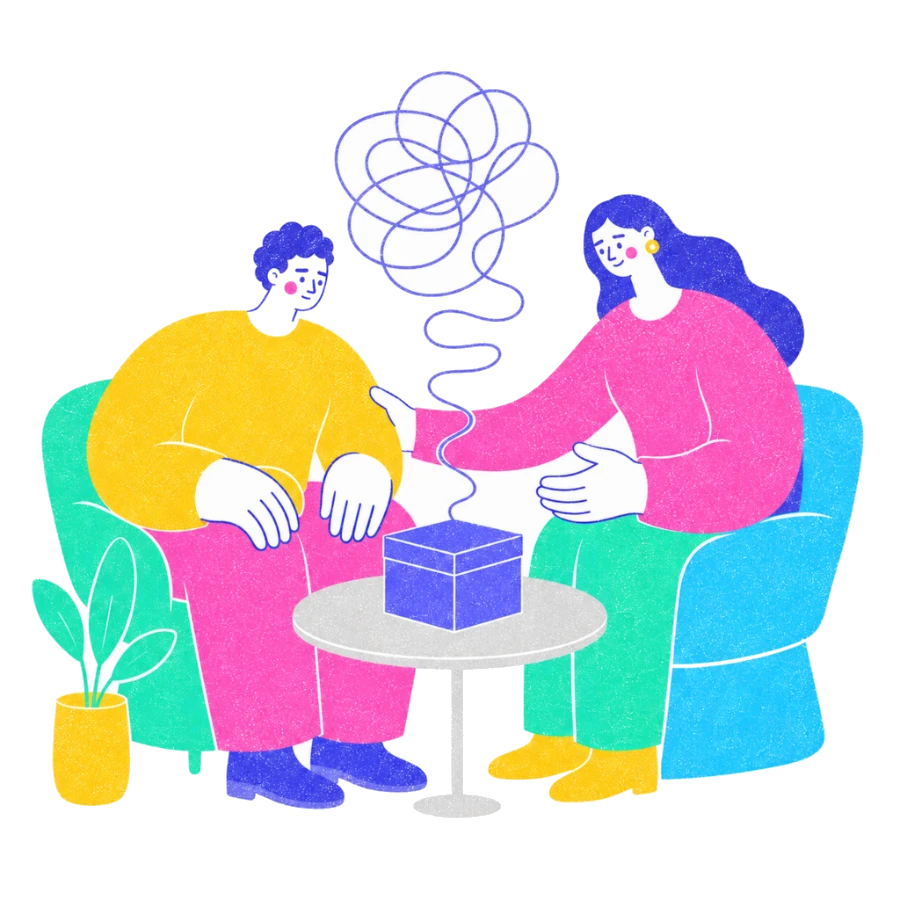 Fenweh: a person sitting with a closed box and an unravelling thought while a therapist stays present, illustrating ERP for OCD