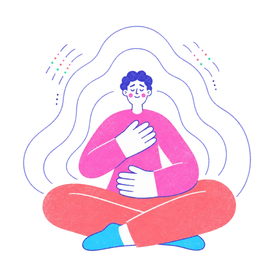 Fenweh: a person sitting cross-legged with a hand on their chest as waves settle, illustrating grounding through panic
