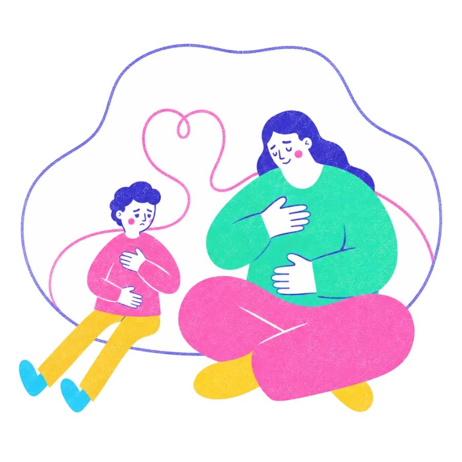 Fenweh: a parent and child breathing together with hands on their chests, illustrating co-regulation