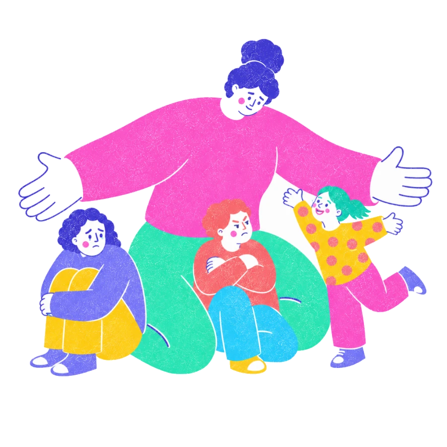 Fenweh: a person with arms spread wide sheltering three smaller figures showing sadness, anger and joy, illustrating the different emotional parts a person carries