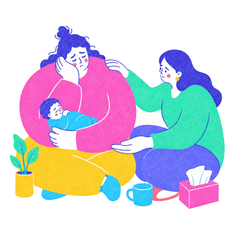 Fenweh: a new parent holding a baby while a supporter sits close with tea and tissues, illustrating perinatal mental health support