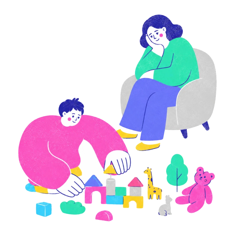 Fenweh: a child building with blocks while a therapist watches warmly from a chair, illustrating play therapy