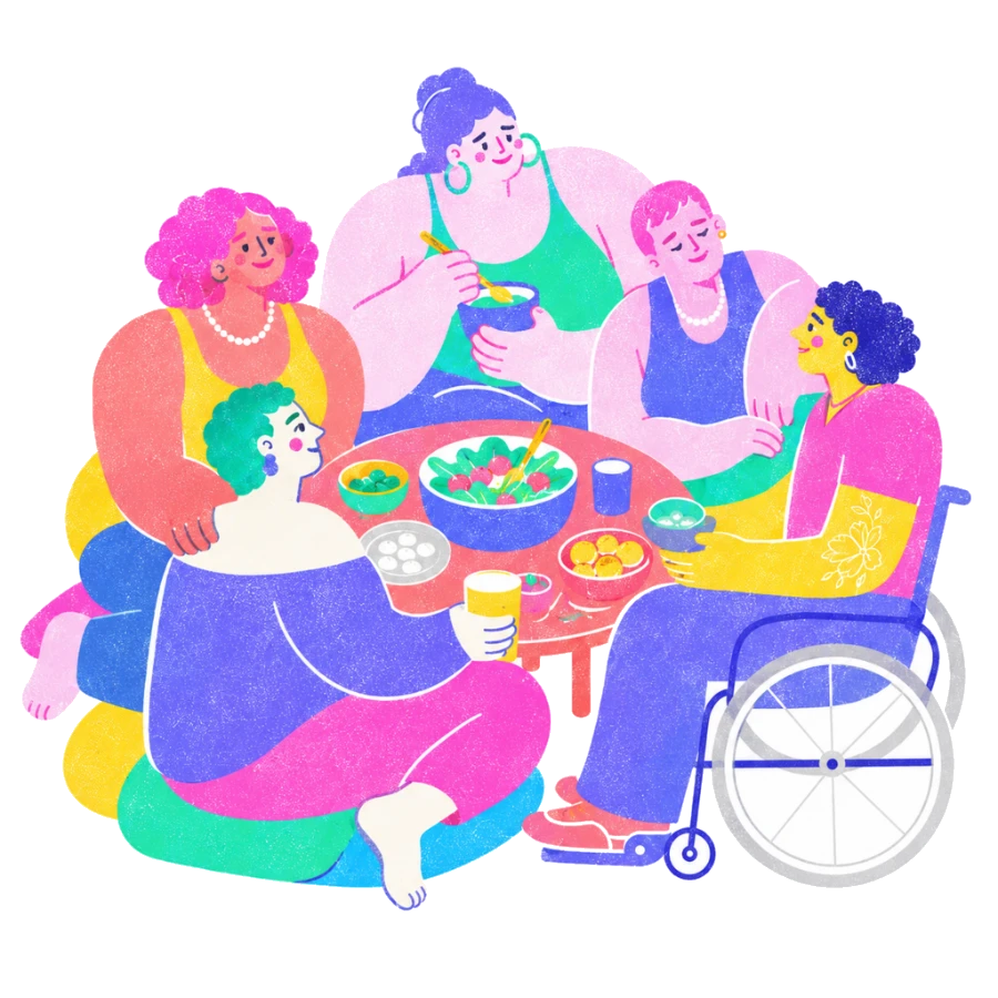 Fenweh: a group gathered warmly around a shared table, illustrating chosen family