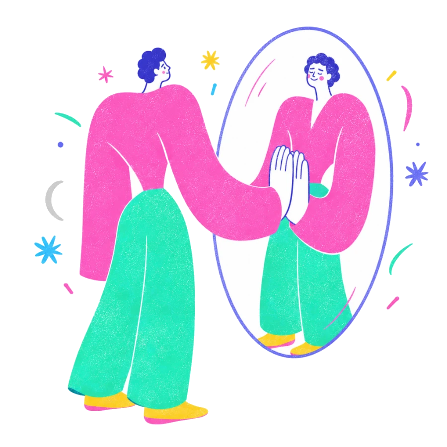 Fenweh: a person meeting their own reflection palm to palm in a mirror, illustrating queer self-acceptance