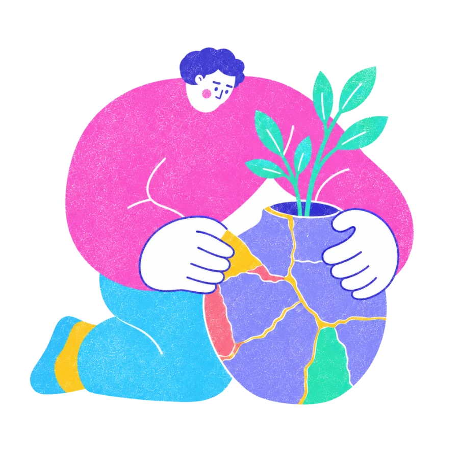 Fenweh: a person cradling a mended pot with a green shoot growing from it, illustrating recovery and post-traumatic growth