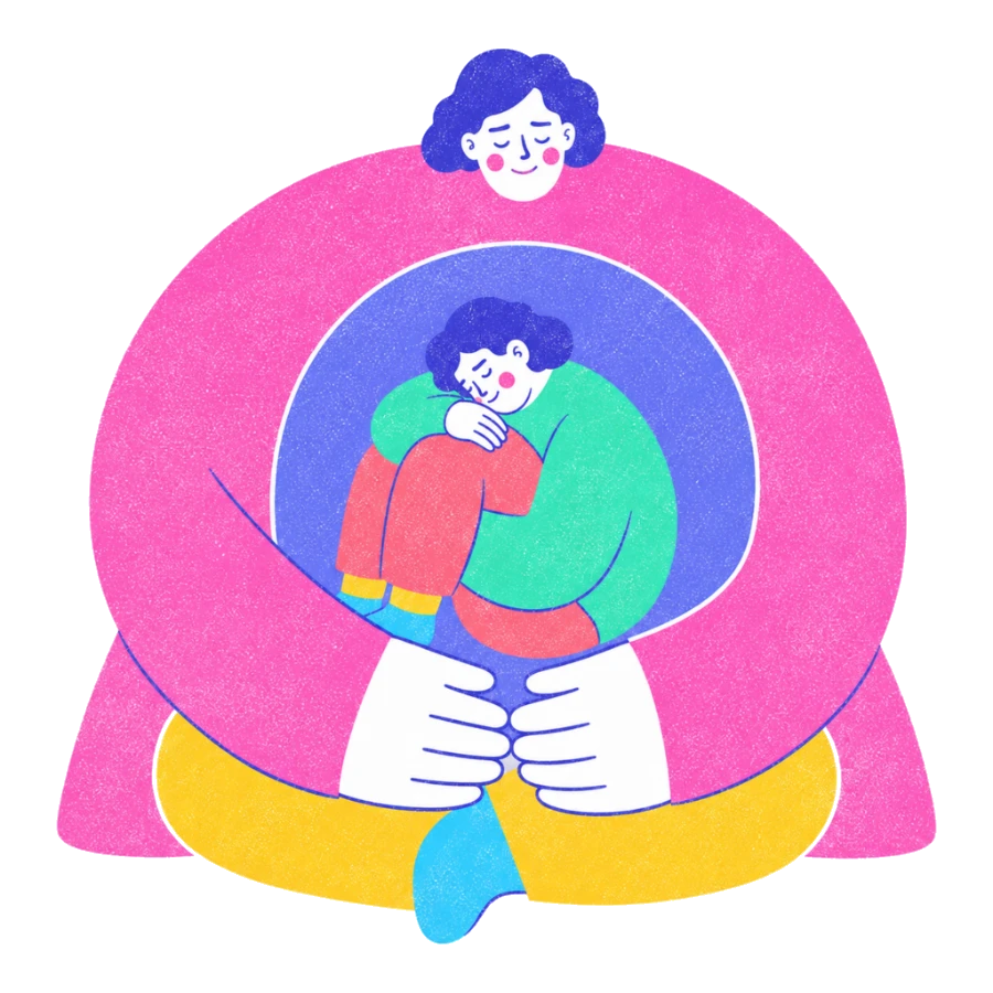 Fenweh: a person held safely inside a larger embracing figure, illustrating secure attachment