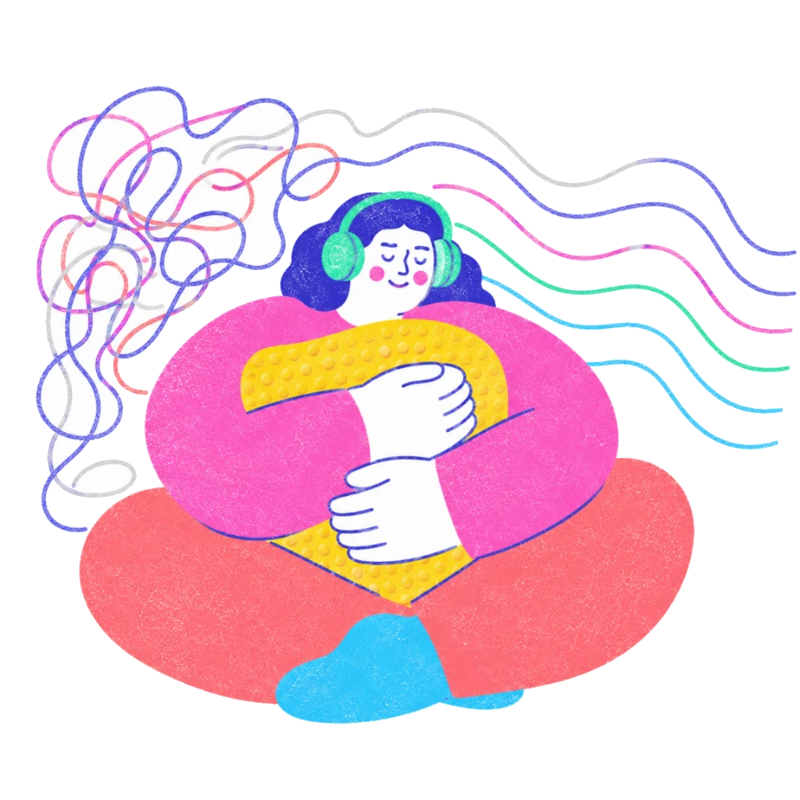 Fenweh: a person in headphones holding a textured cushion as noise softens into calm lines, illustrating sensory regulation