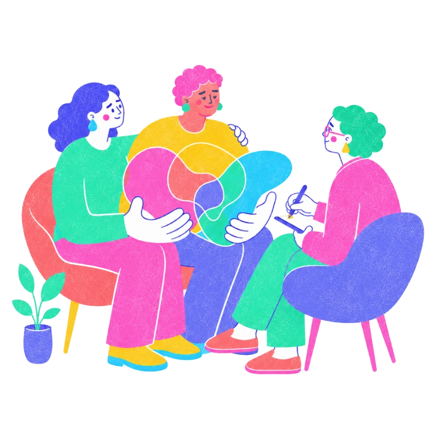 Fenweh: two partners in conversation with a therapist taking notes nearby, illustrating sex and intimacy counselling