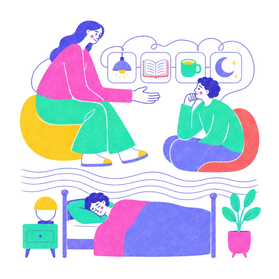 Fenweh: a therapist and client mapping an evening wind-down routine above a person sleeping soundly, illustrating sleep therapy