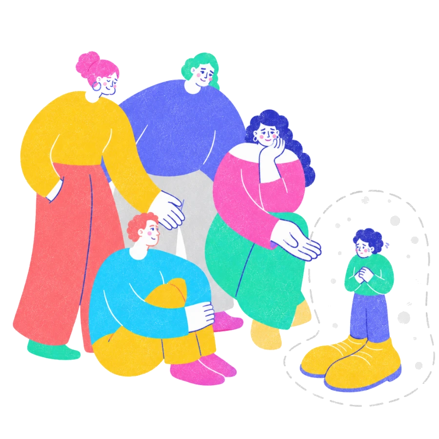 Fenweh: a person hesitating at the edge of a friendly group inside a dotted bubble, illustrating social anxiety