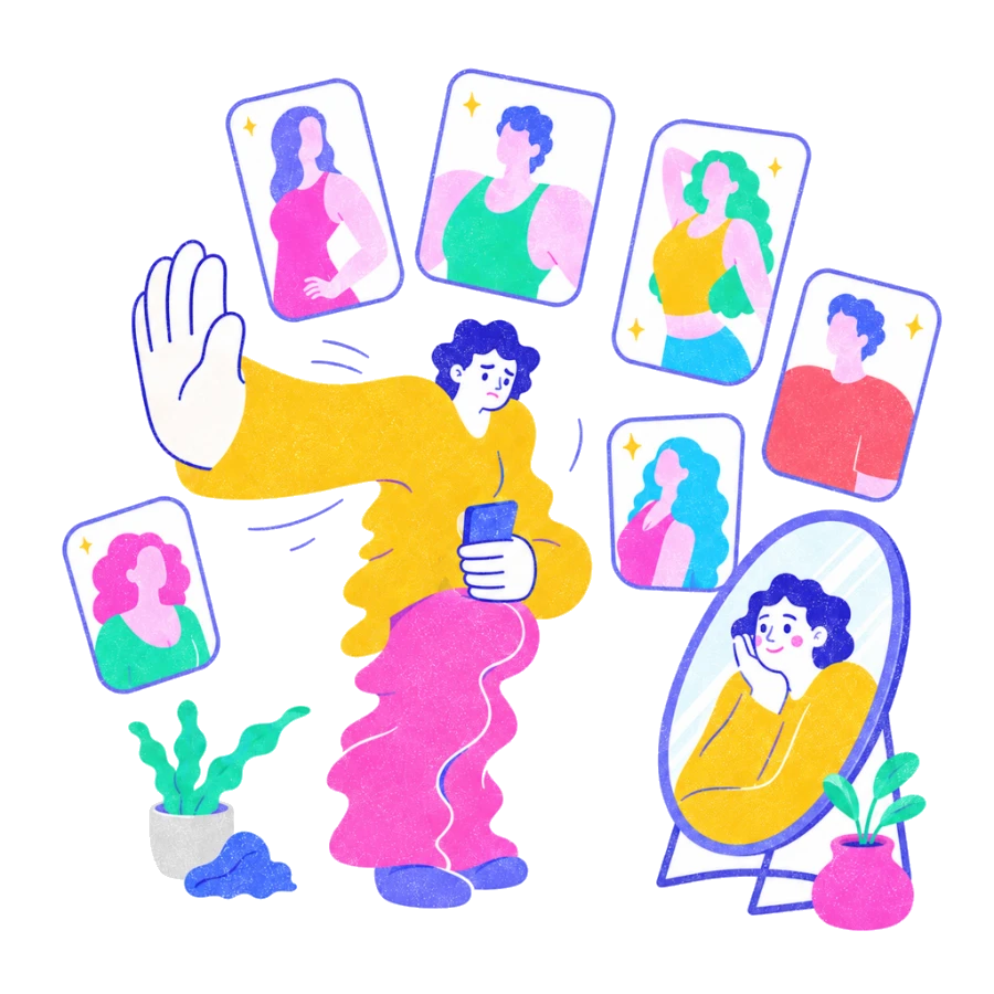 Fenweh: a person pushing away a wall of idealised phone screens and turning towards their own mirror, illustrating social media comparison