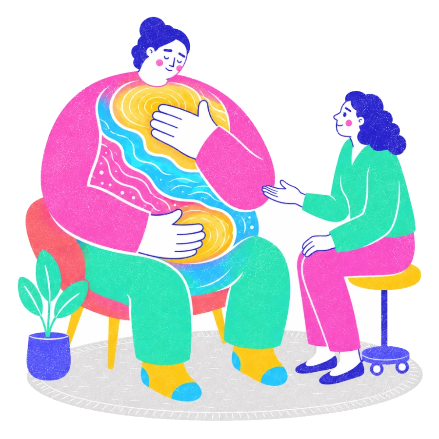 Fenweh: a client tracing warm currents through their own body while a therapist guides, illustrating somatic body awareness