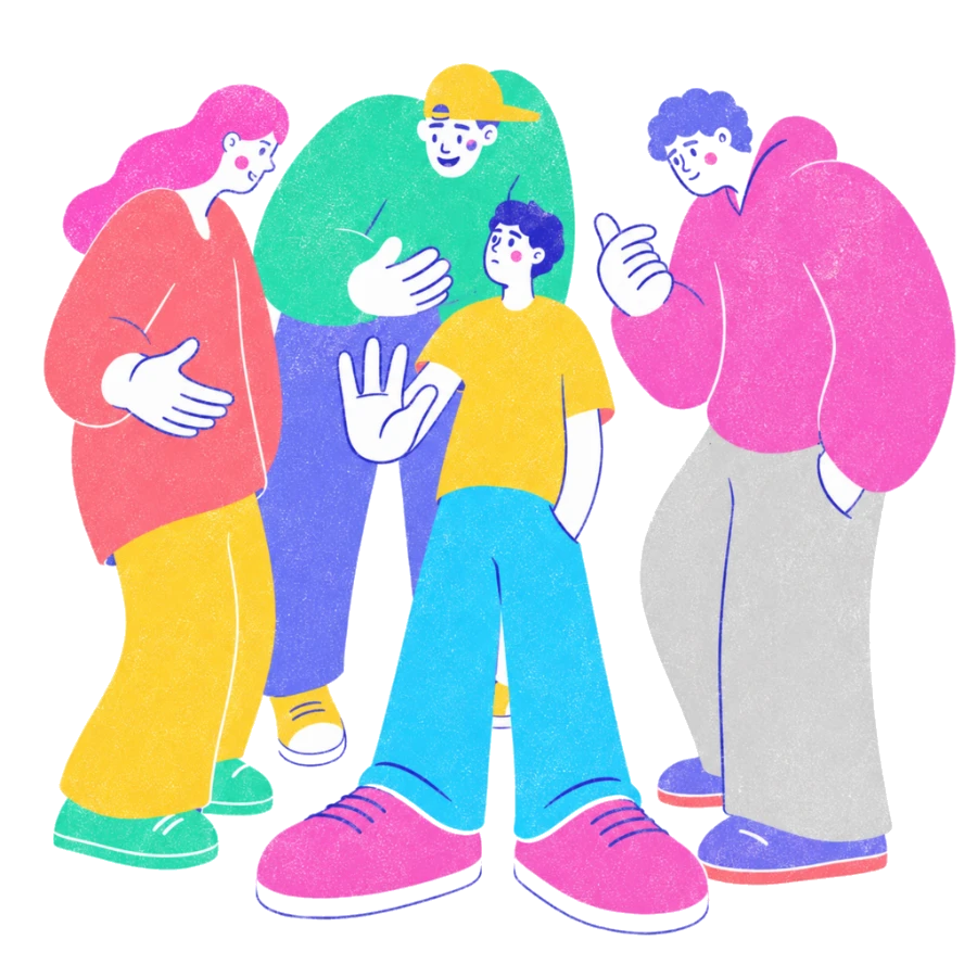 Fenweh: a teenager holding up a hand in the middle of a group of peers, illustrating peer pressure