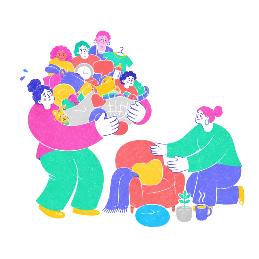 Fenweh: a person carrying a basket overflowing with everyone else's needs while a therapist offers them a chair, illustrating the eldest-daughter or responsible-one role