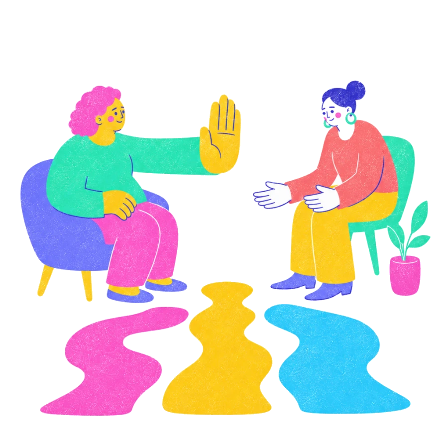 Fenweh: a client raising a hand to pause while a therapist waits and three paths lie open, illustrating choice and consent in trauma-informed therapy