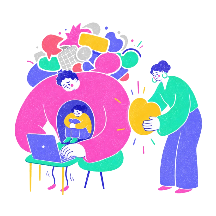 Fenweh: a person at a laptop with a smaller self curled up inside them while a therapist offers a golden heart, illustrating burnout and the worth wound