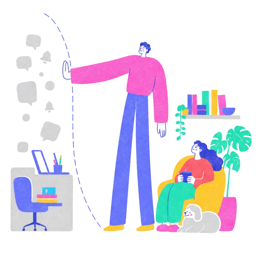 Fenweh: a person drawing a line between a desk and a quiet living room, illustrating work-life boundaries